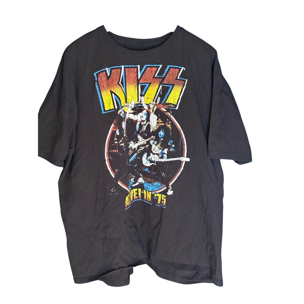 KISS Alive in 75 Rock‎ Band Graphic T-Shirt Mens 3XL Black Mad Engine Cotton Tee